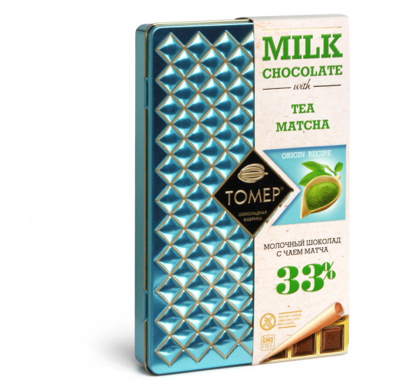 №1 Фабрика Томер металлический бокс Молочный шоколад с чаем МАТЧА ,33%  90г в Кузнецке